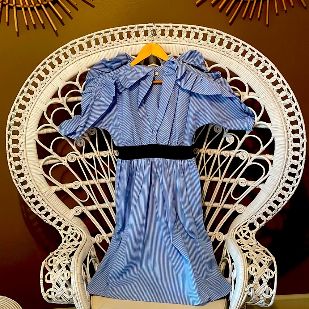 Size 34 Manoush pinstriped ruffle sleeved blue and white dress w black waistband